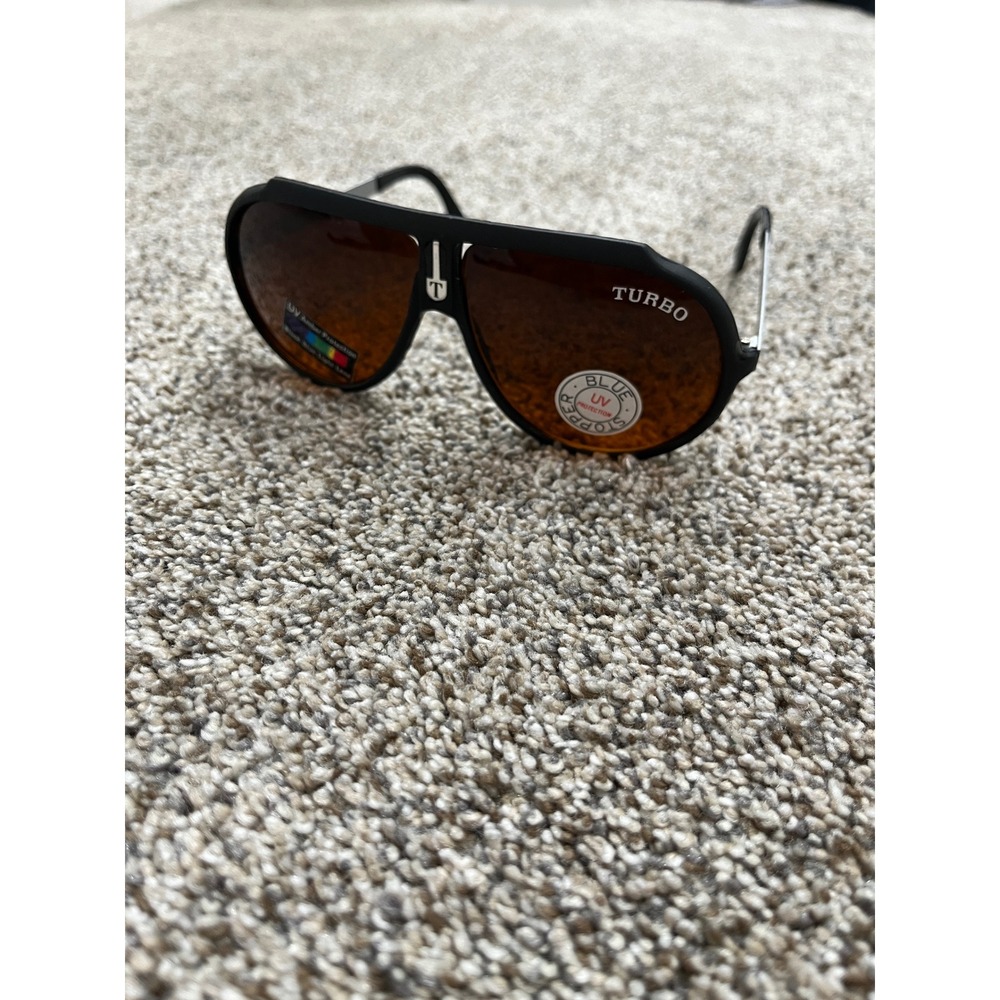 Turbo Vintage Aviator Sunglasses Matte Black Amber Lens UV Blue Light Block NEW